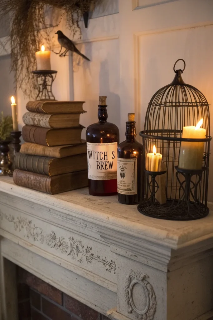 3 spooky mantel with potion bottles stacked ol