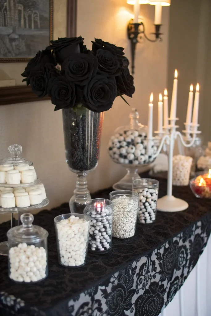 4 a black and white gothic candy table with blac