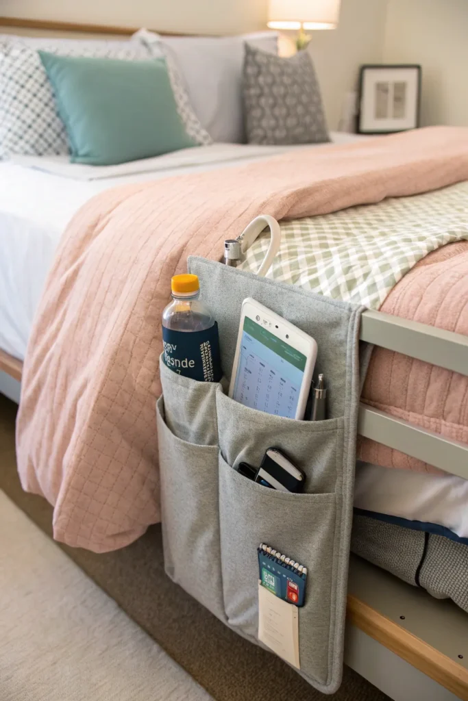 4 a dorm bed with a fabric bedside caddy hanging