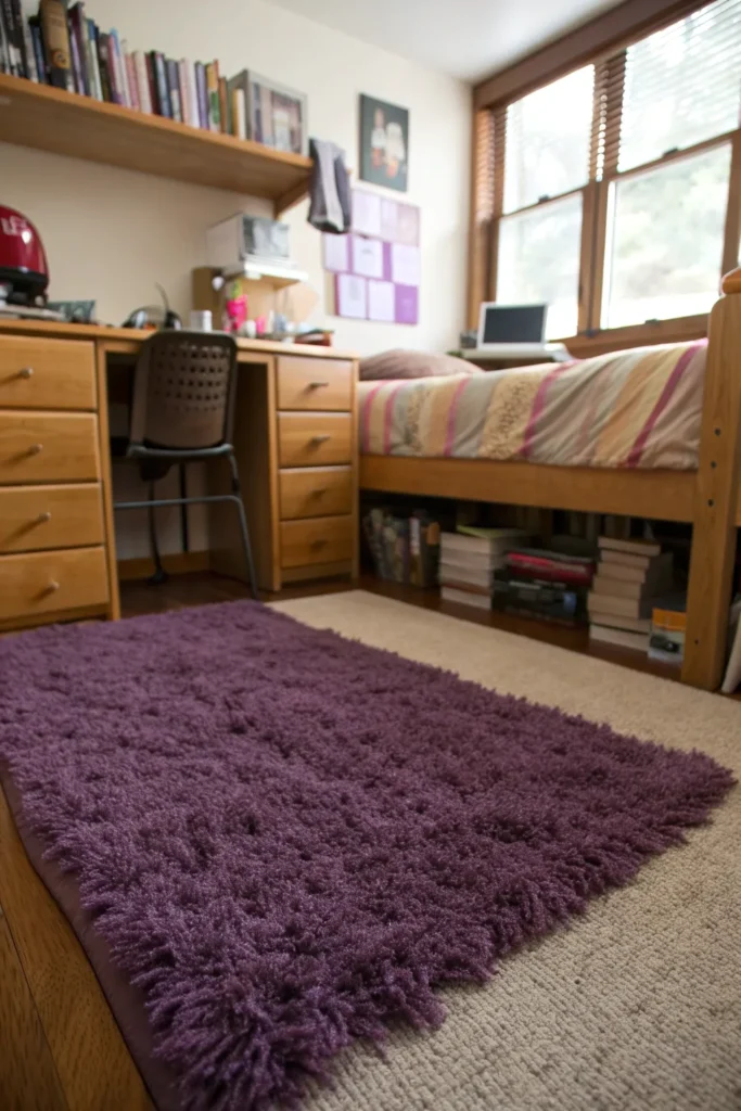 4 a dorm room with a shaggy purple rug on the fl