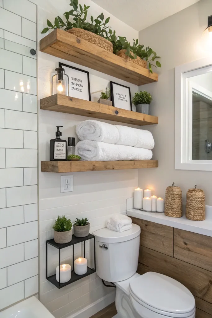 4 a modern bathroom with floating shelves above