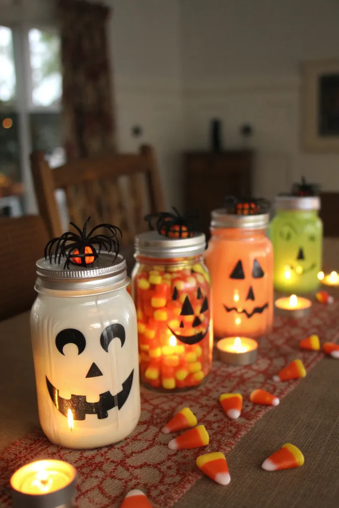 4 a row of mason jars painted with glow in the d