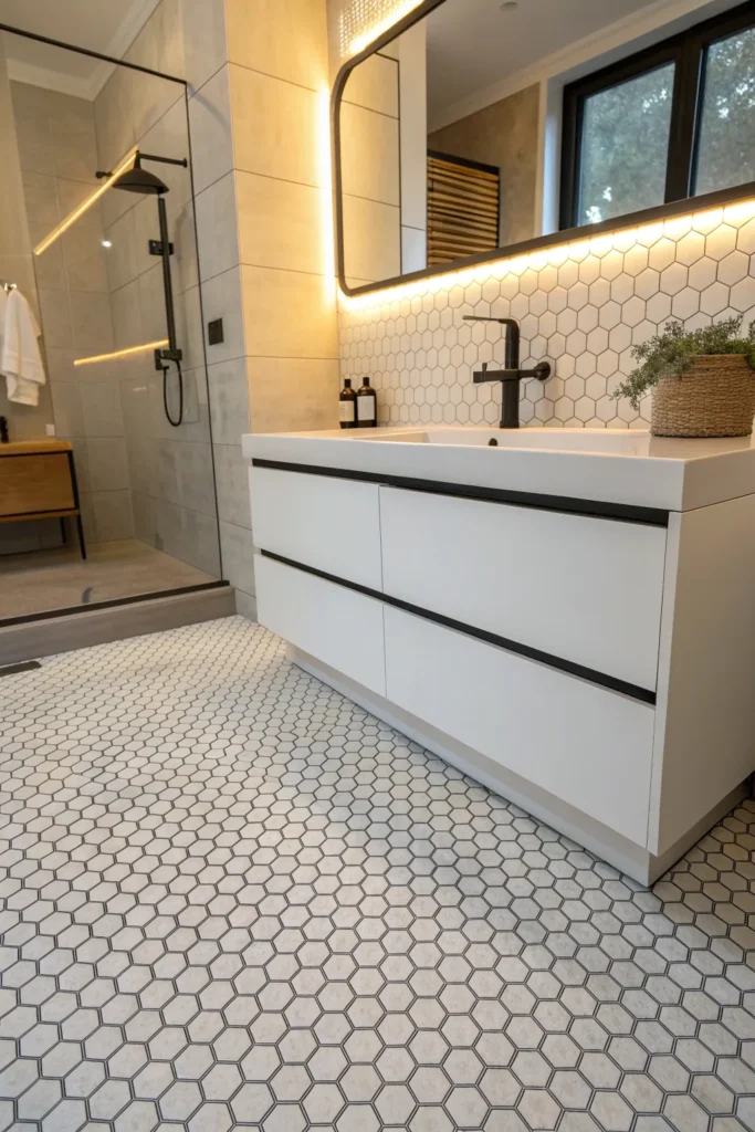 4 bathroom floor covered with white hexagon tile