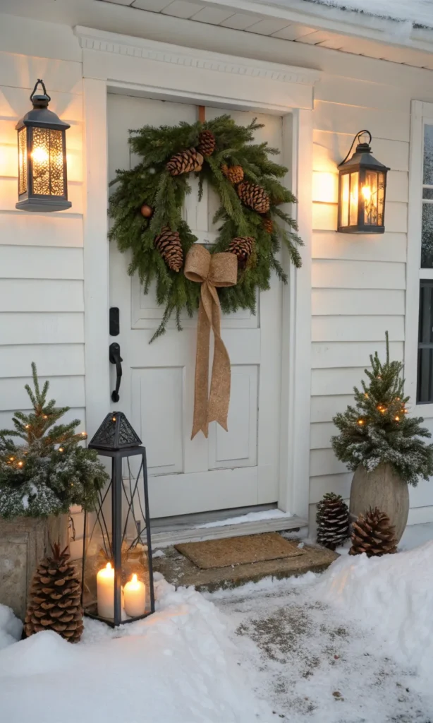 4 cottage front door with rustic evergreen wreat