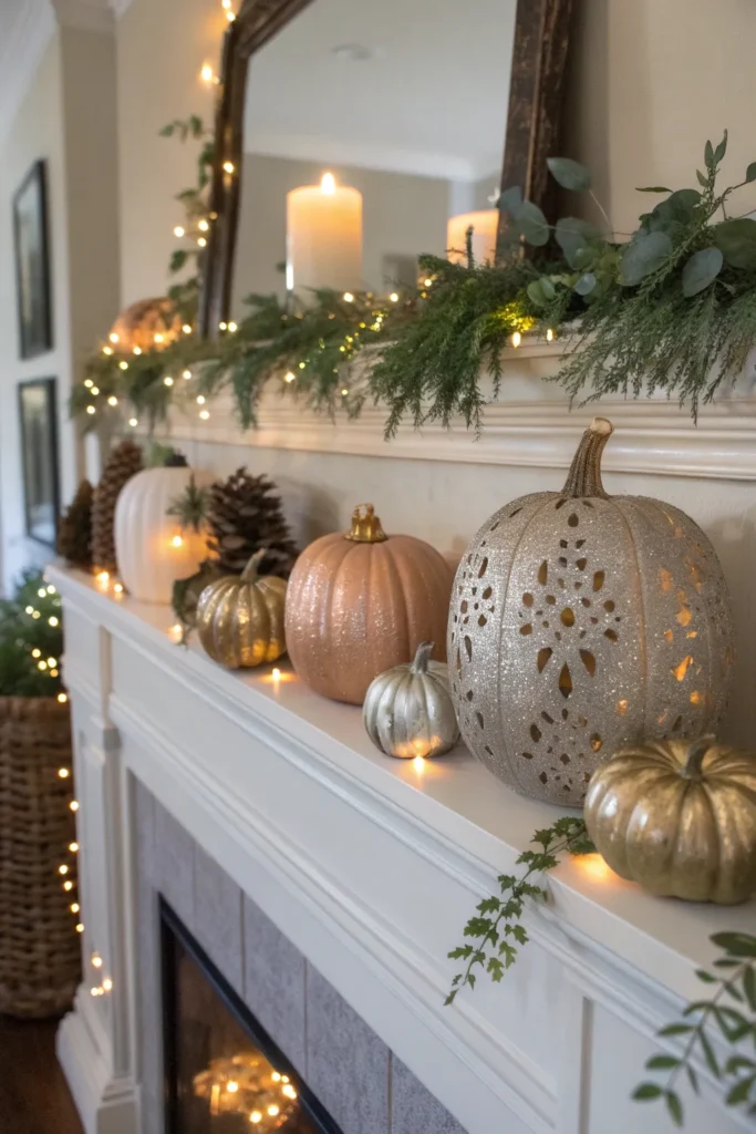 4 cozy mantel lined with pumpkins in metallic