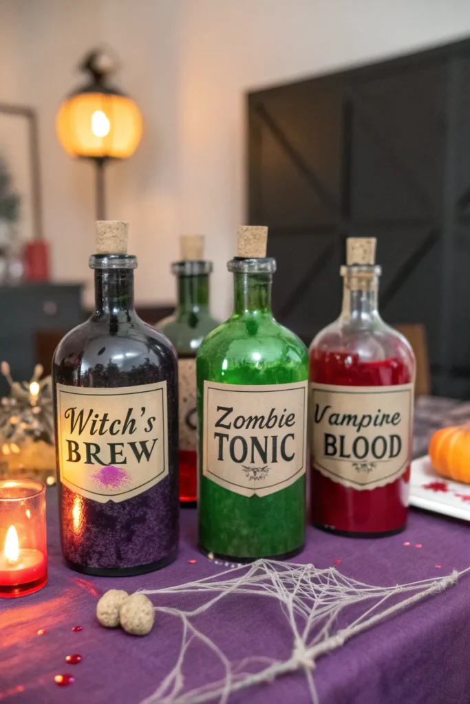 4 diy potion bottles on a halloween party table