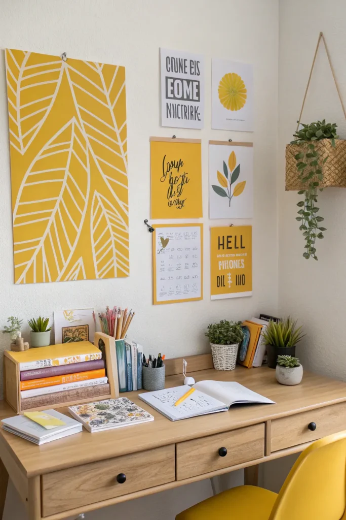 4 dorm wall decorated with yellow abstract art a