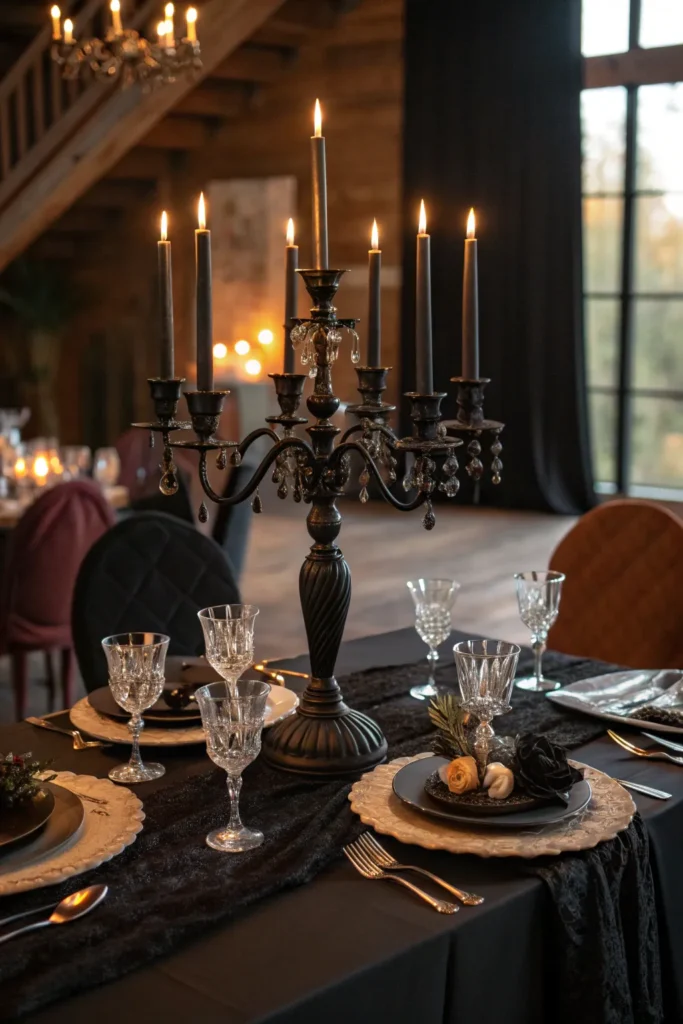 4 elegant candelabras with black candles a dramat