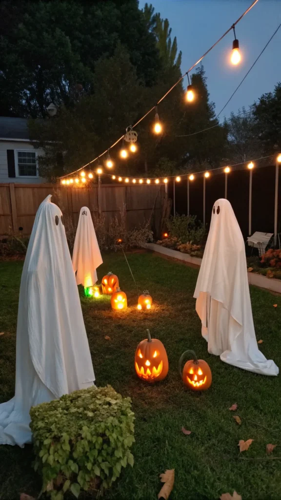 4 ghost and pumpkins combo outdoor lawn with whi