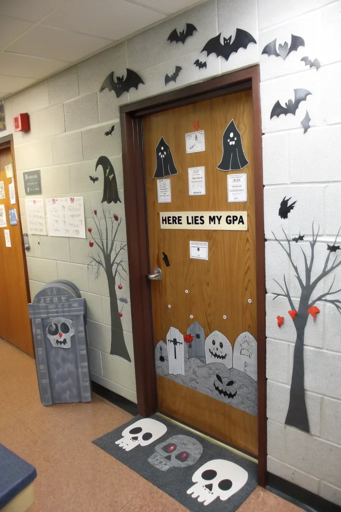 4 haunted graveyard theme a dorm door decorated