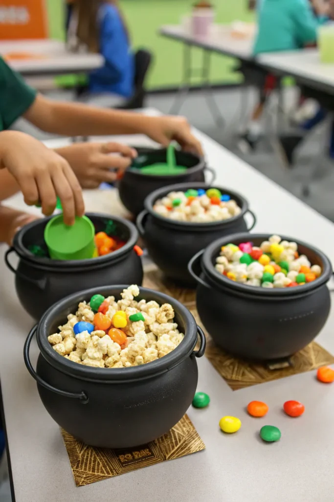 4 mini black plastic cauldrons placed on a class