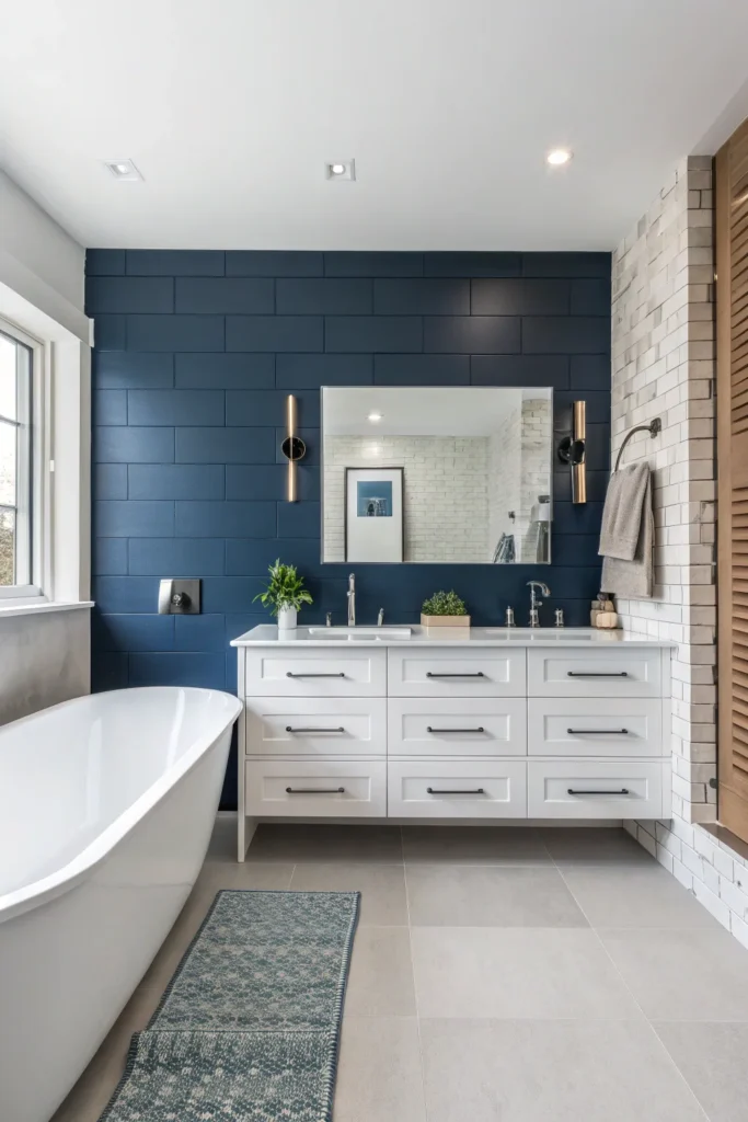 4 modern bathroom with one dark blue accent wall