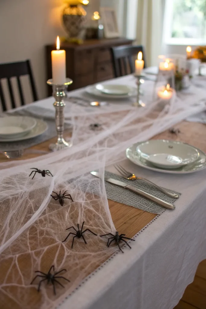 4 stretchy cobwebs pulled across a dining table