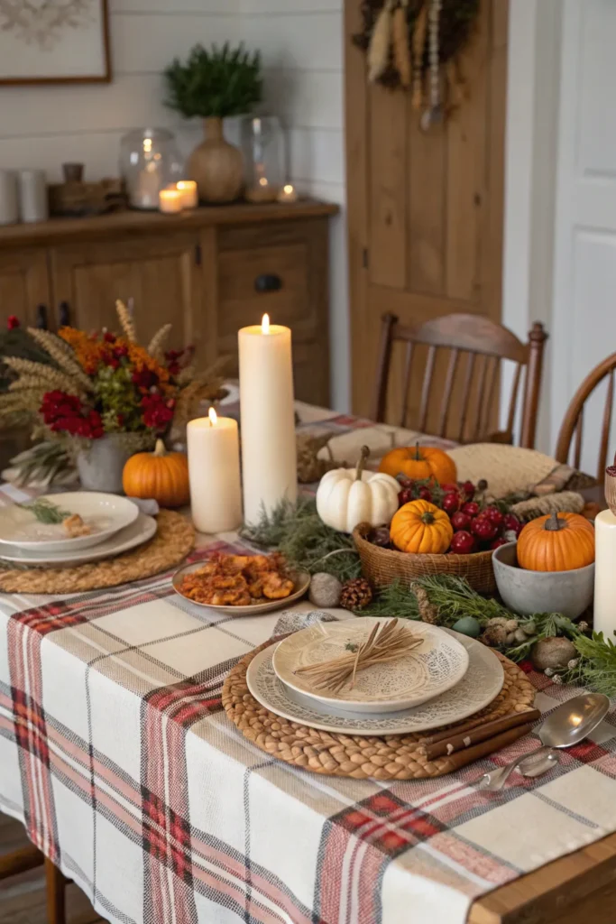 4 thanksgiving table with plaid tablecloth cozy