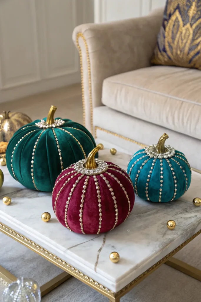 4 velvet pumpkins with rhinestones jewel toned v