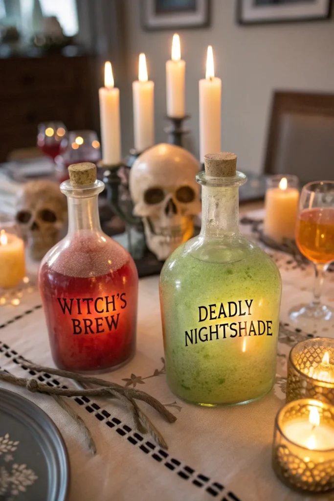 4 vintage glass potion bottles labeled witch s