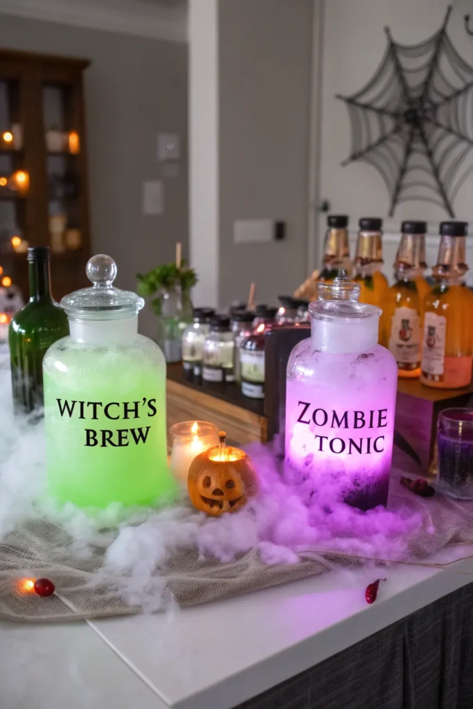 5 a halloween party table filled with apothecary