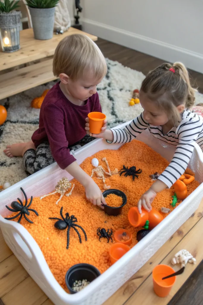 5 a halloween sensory bin filled with orange ric