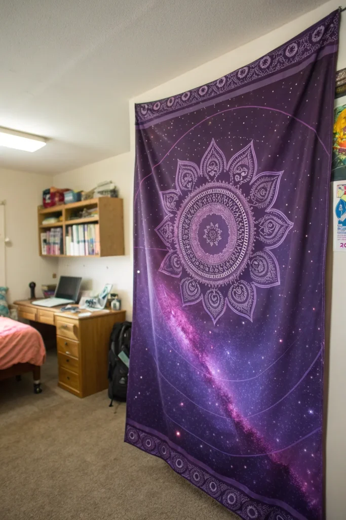 5 a large purple tapestry with a galaxy and mand