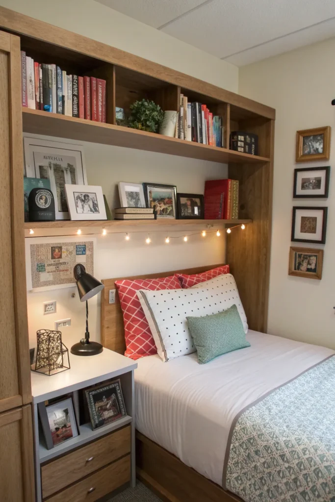 5 a small dorm room with a headboard that has bu