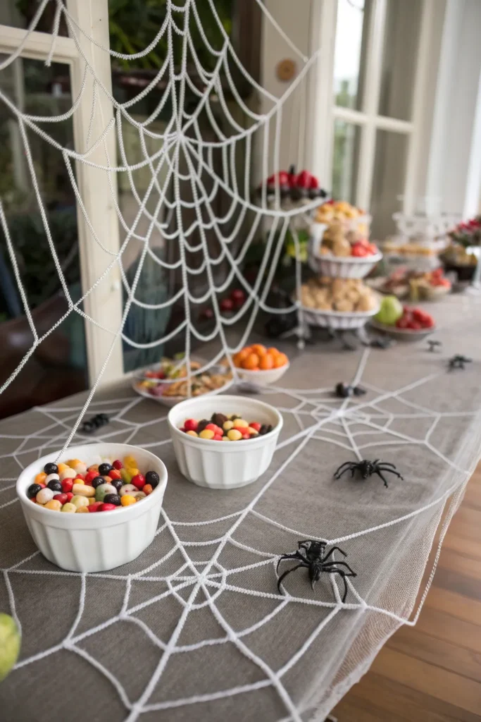 5 a spider web candy setup with a large white we