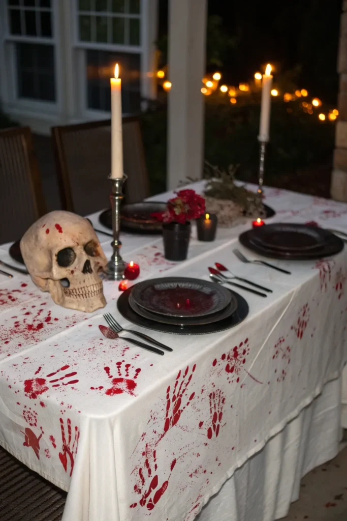 5 a white tablecloth splattered with bloody red