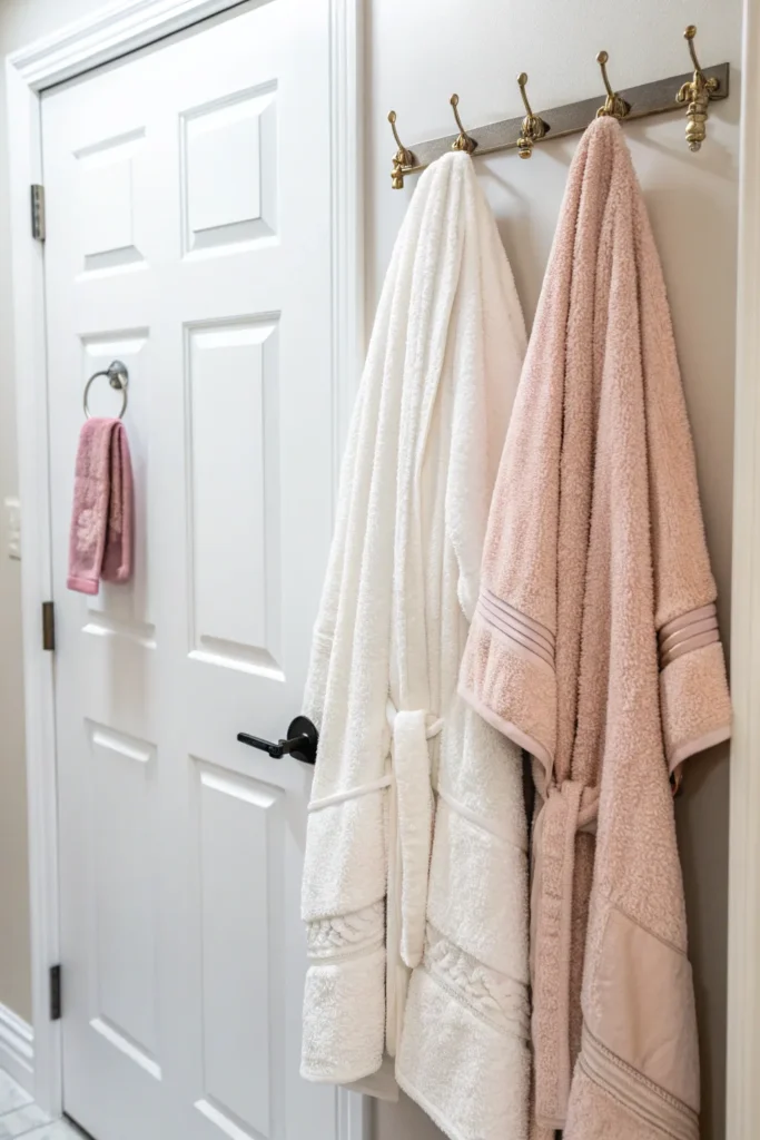 5 back of a bathroom door with hooks holding flu 1