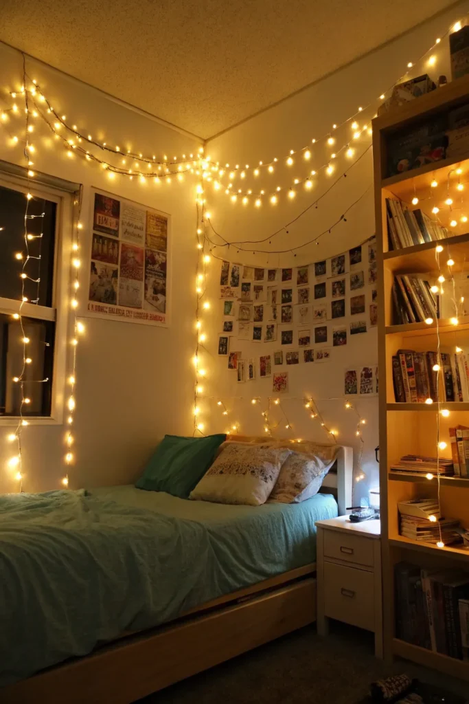 5 dorm room at night lit with warm yellow fairy