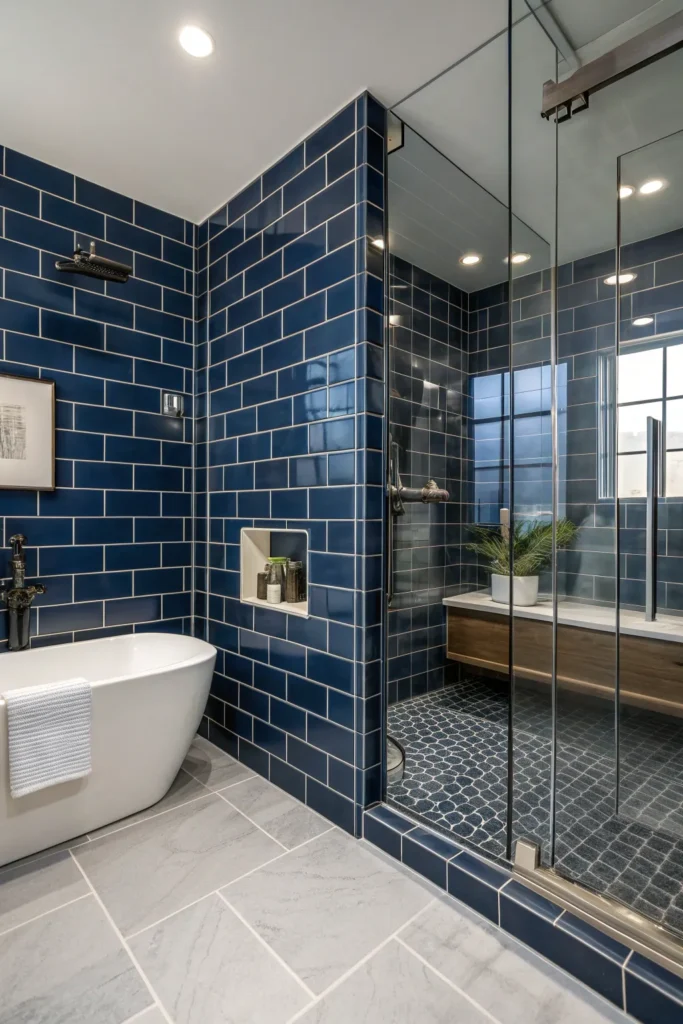5 dramatic floor to ceiling dark blue tiles with