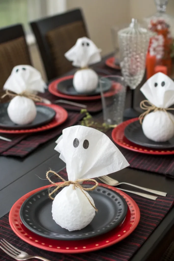 5 floating ghost napkins shaped around styrofoam