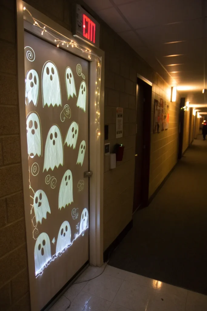 5 glow in the dark ghosts a dorm door covered in