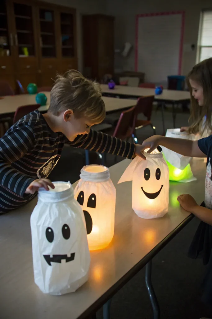 5 glowing jars made with glow sticks wrapped in
