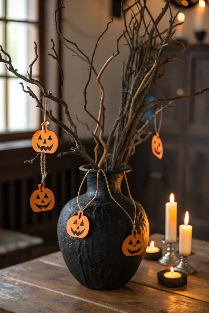 5 gnarled branches in a black vase adorned with