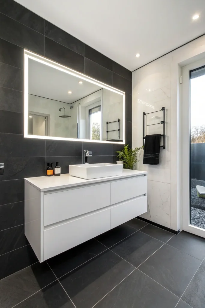 5 sleek bathroom with matte black floor tiles w