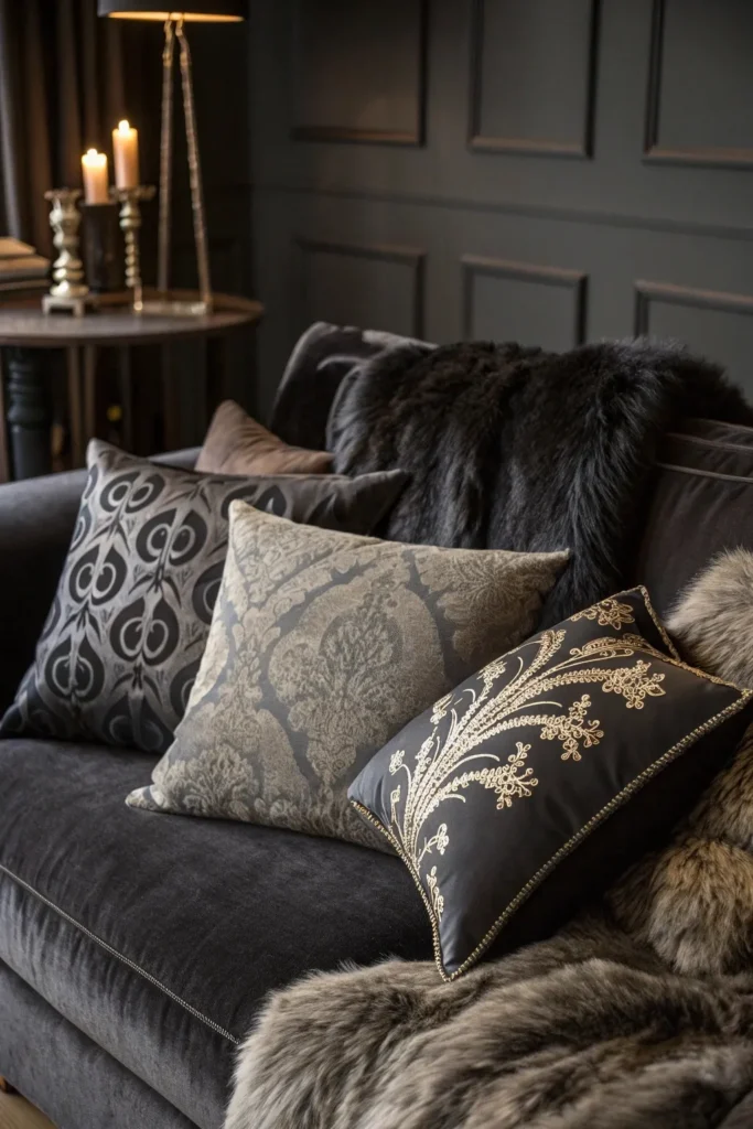 5 textural throw pillows a cozy dark sofa adorn