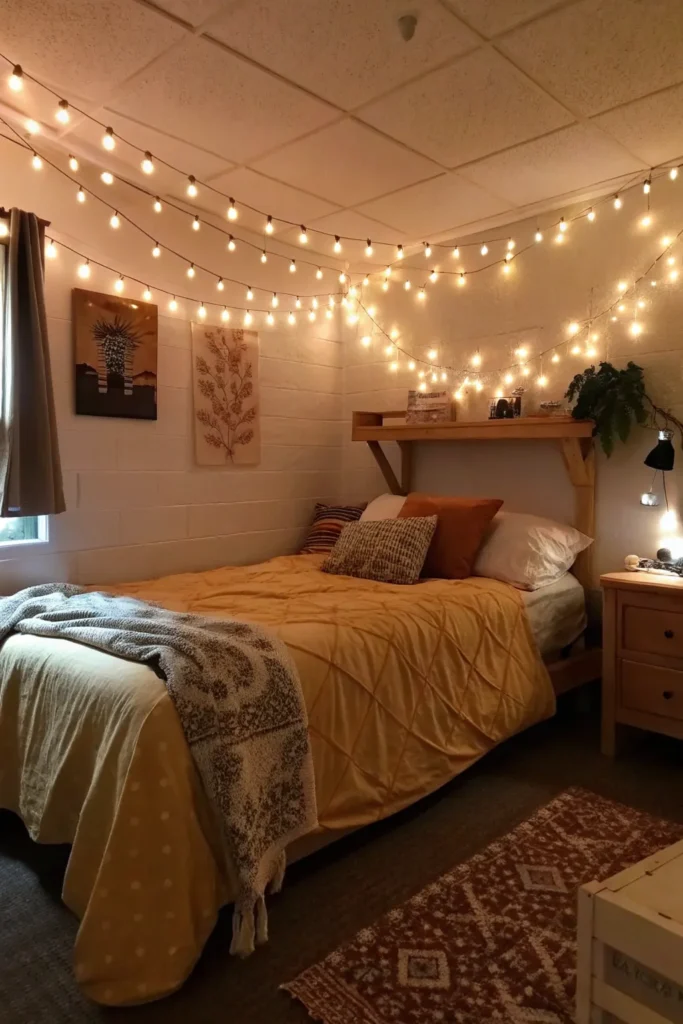 5 warm dorm room with string lights glowing soft