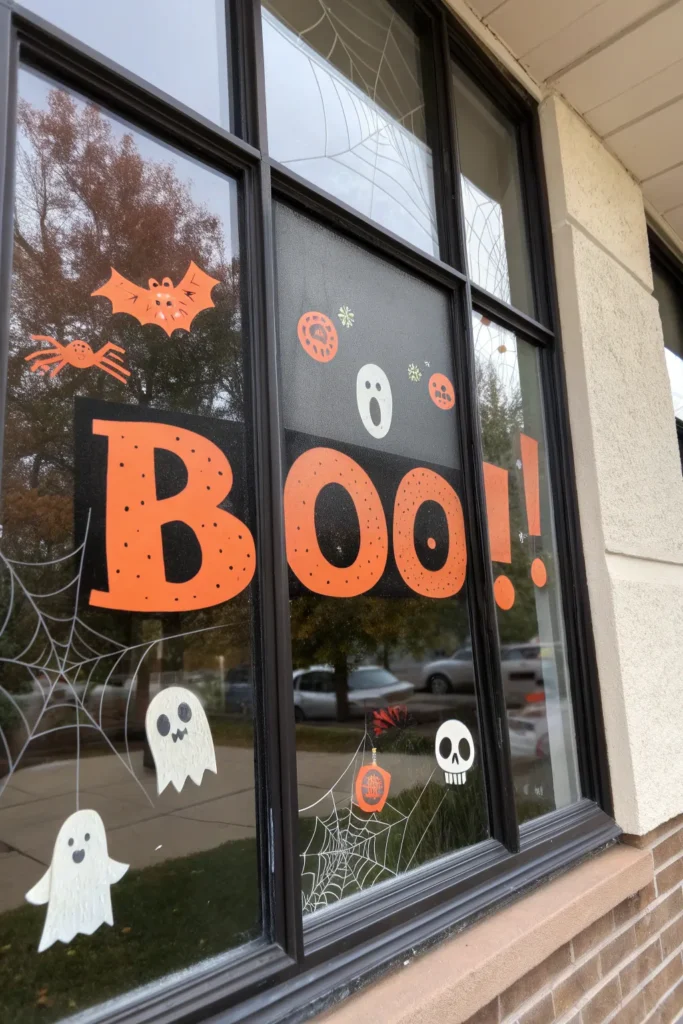 6 a bold halloween boo painted on a window in