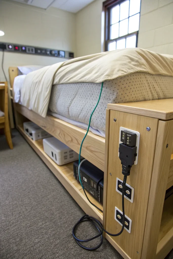 6 a dorm bed on risers with built in outlets and