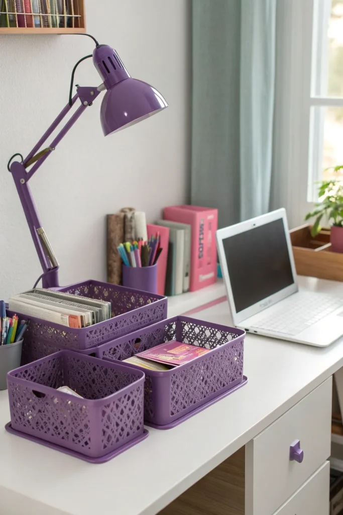6 a neat dorm study desk with purple organizers