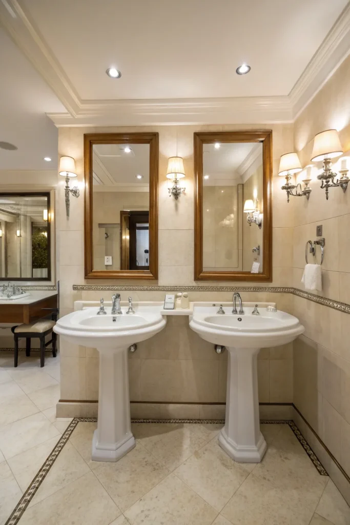 6 a pair of double pedestal sinks in a large bat