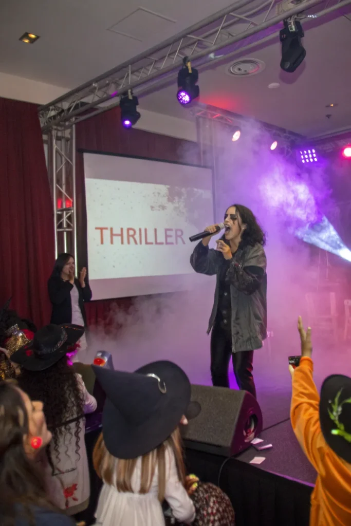 6 a stage setup at a halloween party with a fog