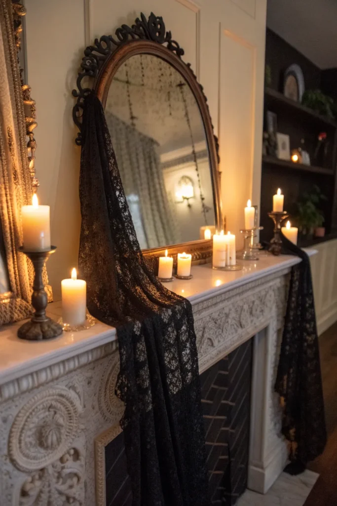 6 antique mirror draped in black lace on a hall