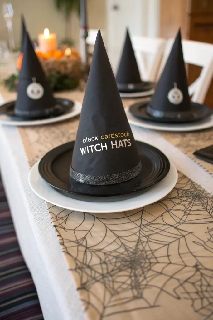 6 diy black cardstock witch hats with silver pai
