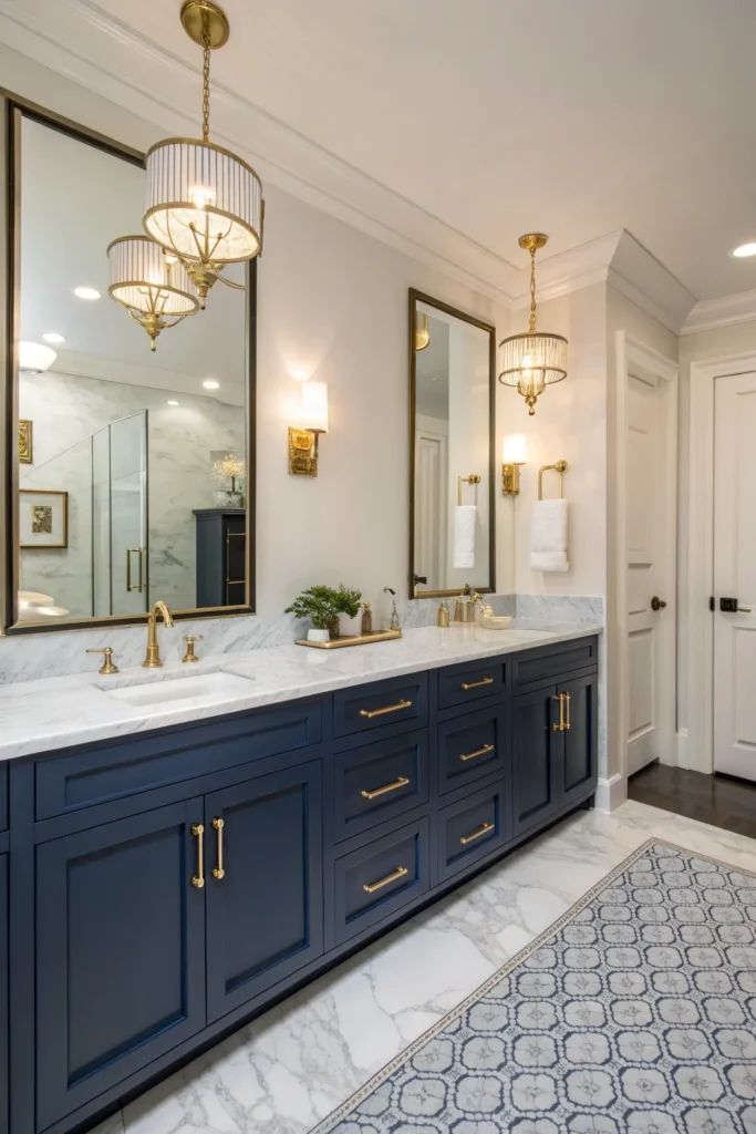 6 elegant bathroom featuring navy cabinetry with