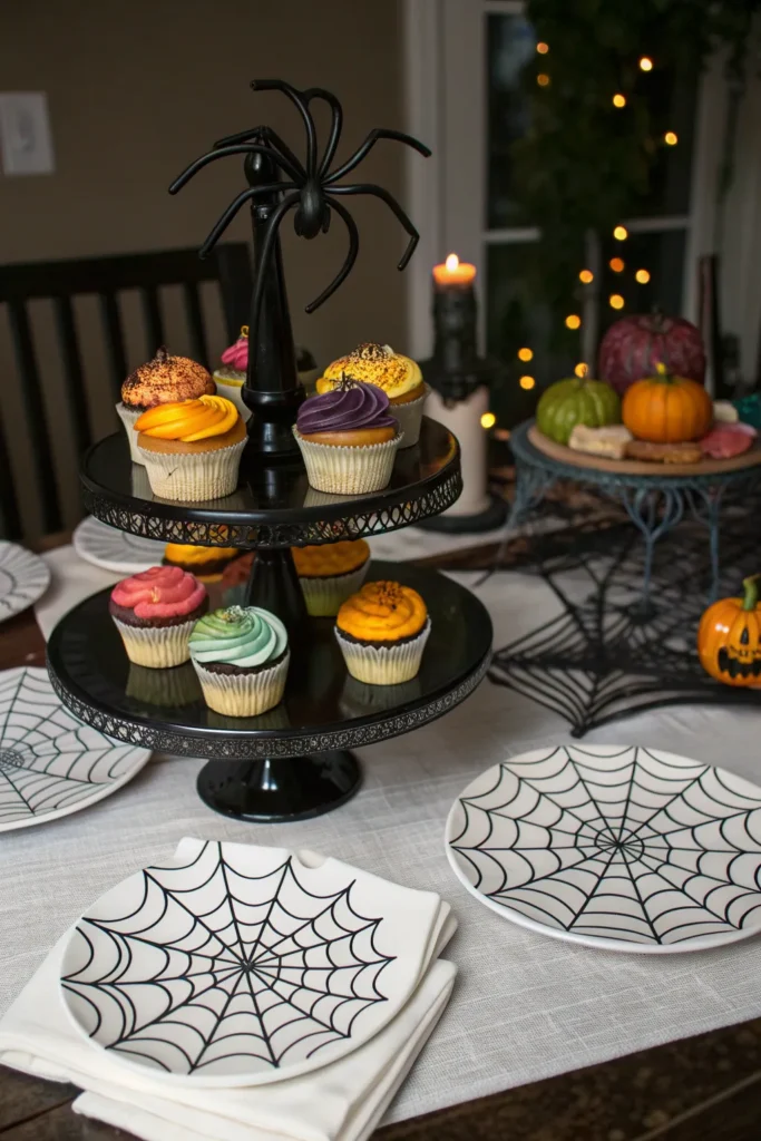 6 halloween dining setup with spider web pattern