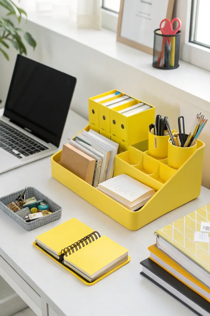6 study desk with yellow organizers sticky note