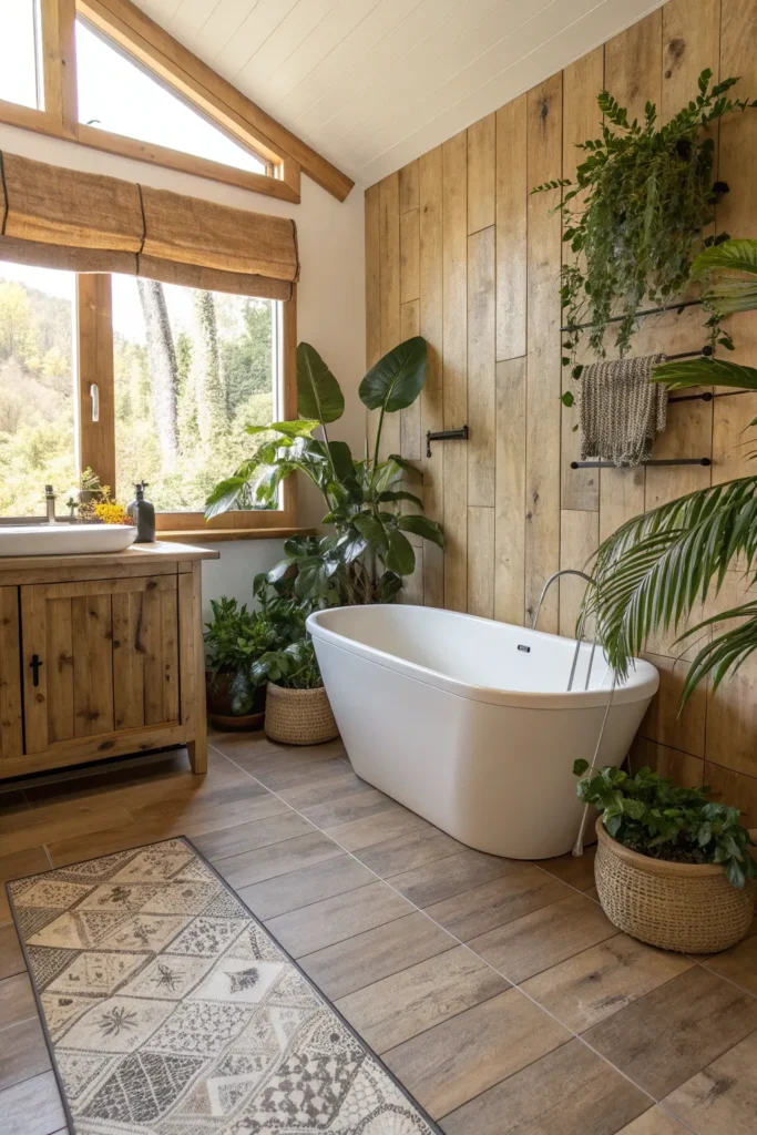 6 warm bathroom with wood look porcelain tiles
