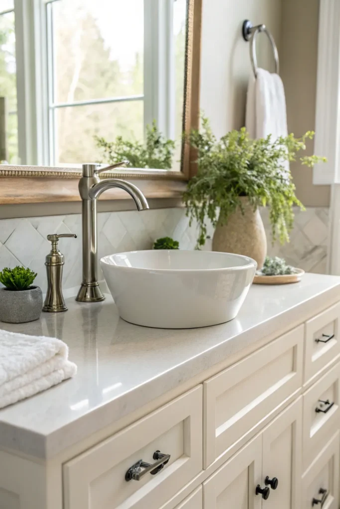 7 a clean bathroom vanity with a single handle m