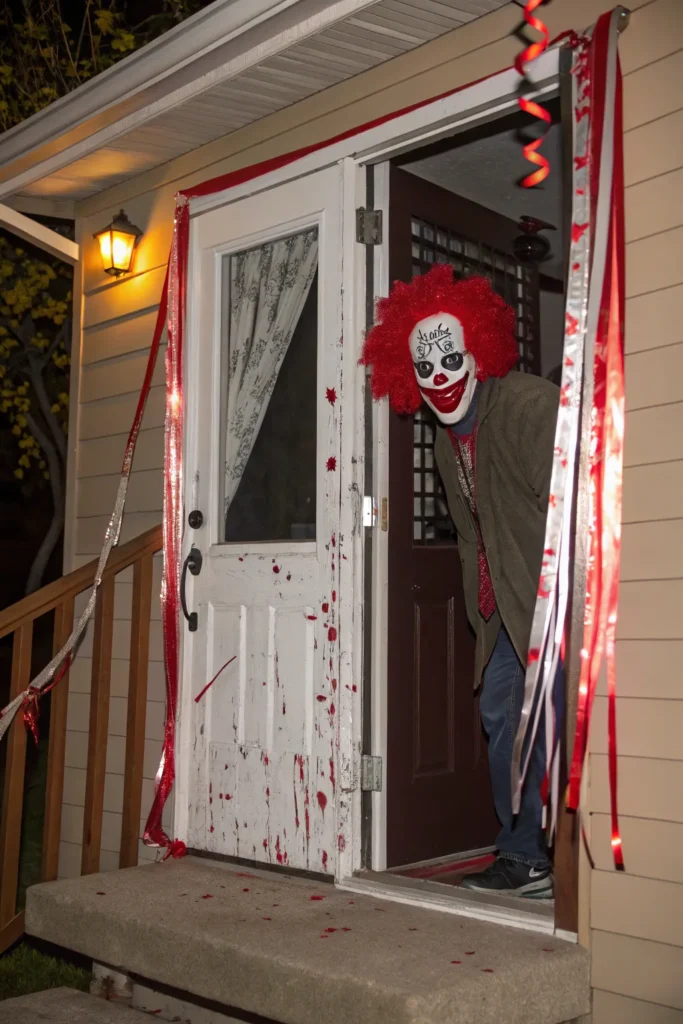 7 a front door decorated as a haunting clown wi