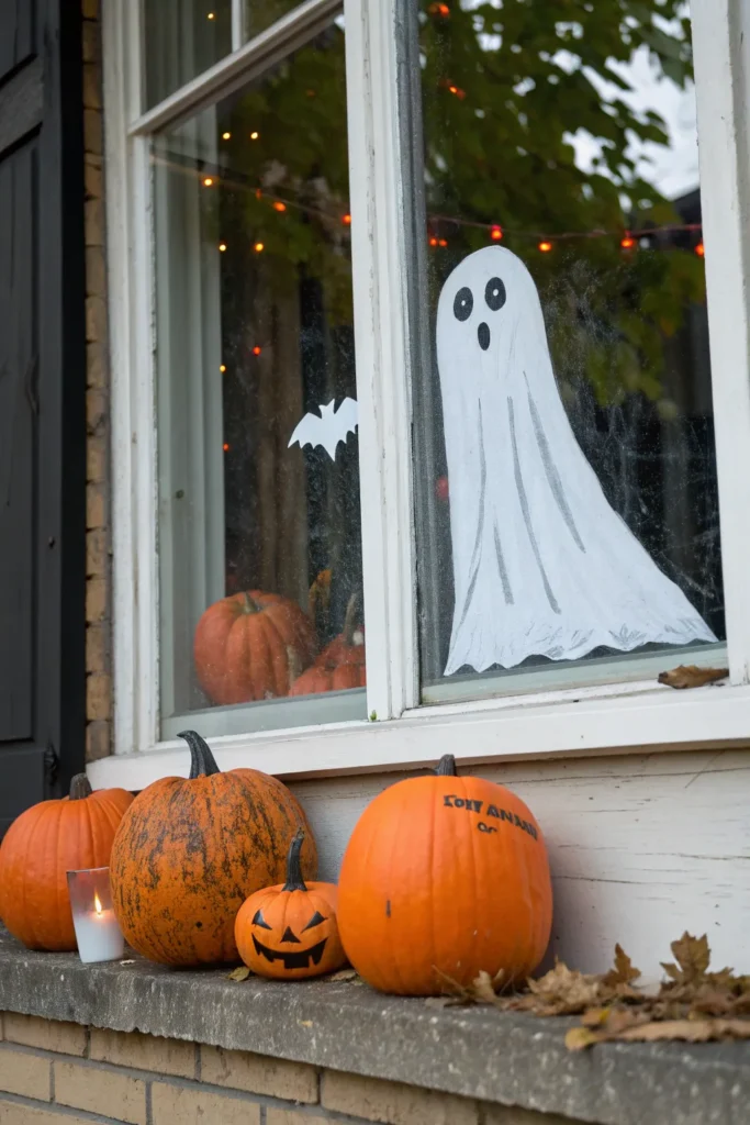 7 a ghost floating above pumpkins painted on a w